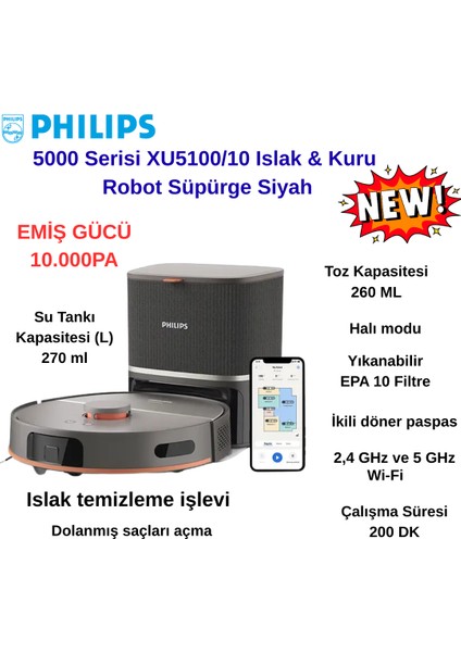 Philips Homerun 5000 Serisi XU5100/10 Siyah Çöp Istasyonlu Akıllı Robot Süpürge