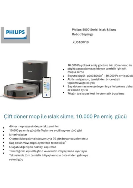 Philips Homerun 5000 Serisi XU5100/10 Siyah Çöp Istasyonlu Akıllı Robot Süpürge