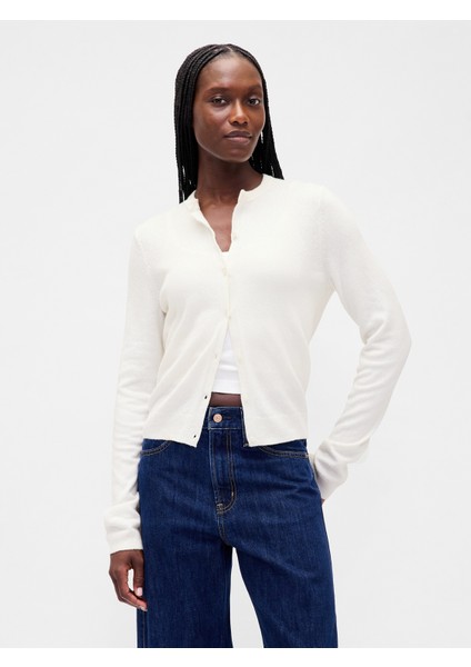 Kadın Kırık Beyaz Cashsoft Crop Hırka