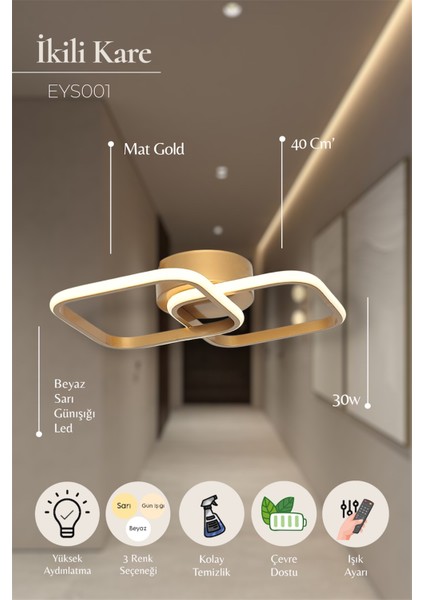 Ey Shop Modern Eskitme İkili Kare 3 Renk Kumandalı (Beyaz&sarı&günışığı) LED Avize Antre Koridor Hol Oda fiyatları