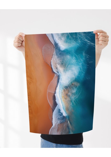 Rosa Art Çerçevesiz Poster | Turkuaz Deniz Turuncu Kum Temalı Poster | Dijital Baskı Poster