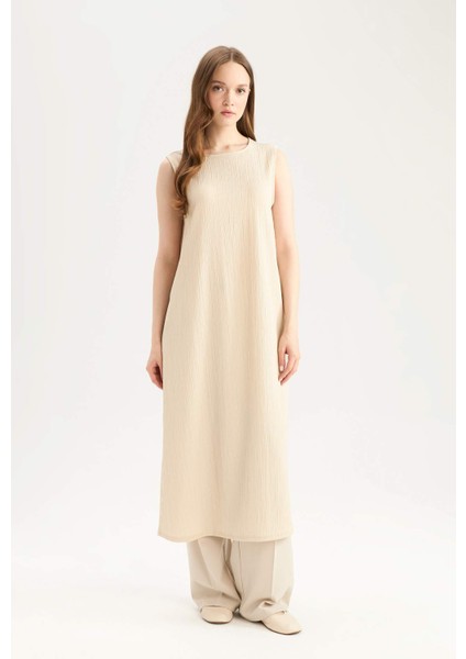 Regular Fit Bisiklet Yaka Basic Düz Gofre Dokulu Kolsuz Midi Elbise E1822AX25SP