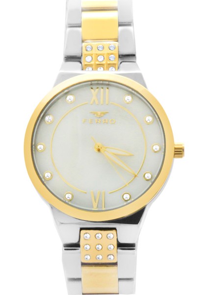 Ferro Altın Gümüş Renk Çelik Kordonlu Kadın Kol Saati TH-F21928A-D