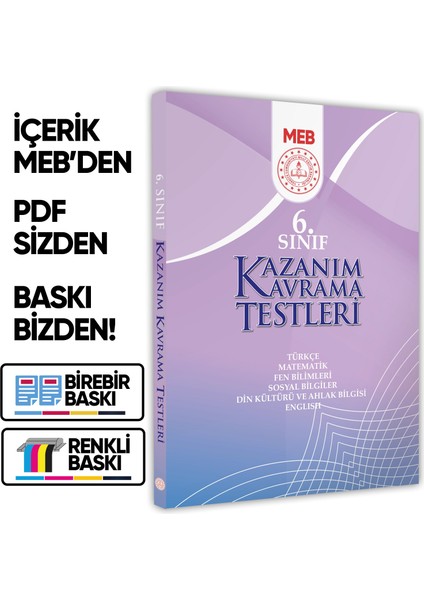 2026 6.Sınıf MEB Tüm Dersler Kazanım Kavrama Testleri KKT Yaprak Test Kitabı BASKI ÜCRETİ