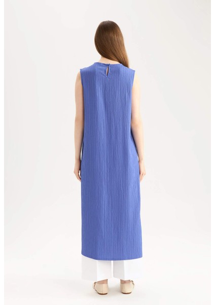 Regular Fit Bisiklet Yaka Basic Düz Gofre Dokulu Kolsuz Midi Elbise E1822AX25SP