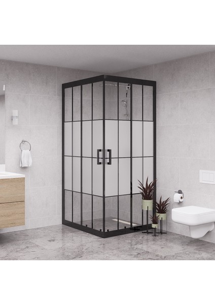 Black Quandrum 6mm Karolajlı Ortası Kumlamalı Kare Duşakabin