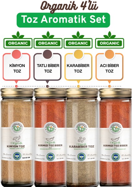 Organik Toz Aromatik Set (Kimyon Toz – Tatlı Toz Biber – Acı Toz Biber – Karabiber Toz )