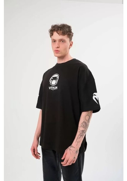 Unisex Bisiklet Yaka Baskılı Oversize T-Shirt - Siyah fiyatları