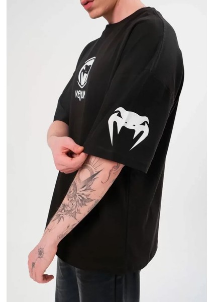 Unisex Bisiklet Yaka Baskılı Oversize T-Shirt - Siyah modelleri