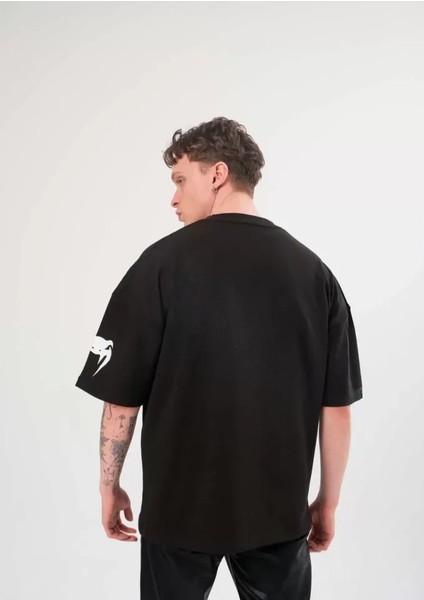 Unisex Bisiklet Yaka Baskılı Oversize T-Shirt - Siyah fırsatları