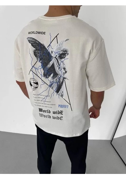 Unisex Bisiklet Yaka Baskılı Oversize T-Shirt - Beyaz fiyatları