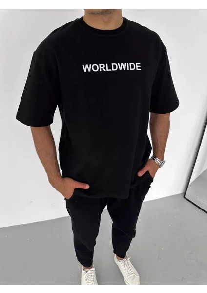 Unisex Bisiklet Yaka Baskılı Oversize T-Shirt - Siyah