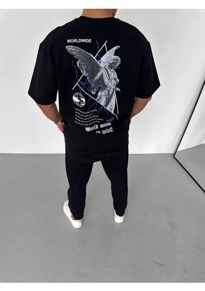 Unisex Bisiklet Yaka Baskılı Oversize T-Shirt - Siyah modelleri