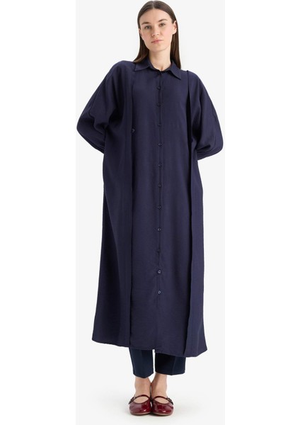 Relax Fit Gömlek Yaka Cepli Basic Düz Uzun Kollu Maxi Tesettür Elbise