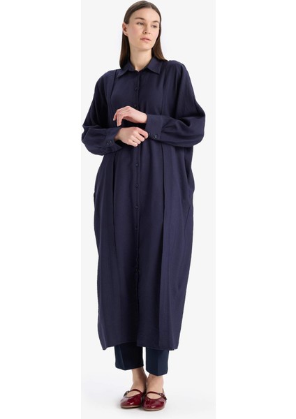 Relax Fit Gömlek Yaka Cepli Basic Düz Uzun Kollu Maxi Tesettür Elbise