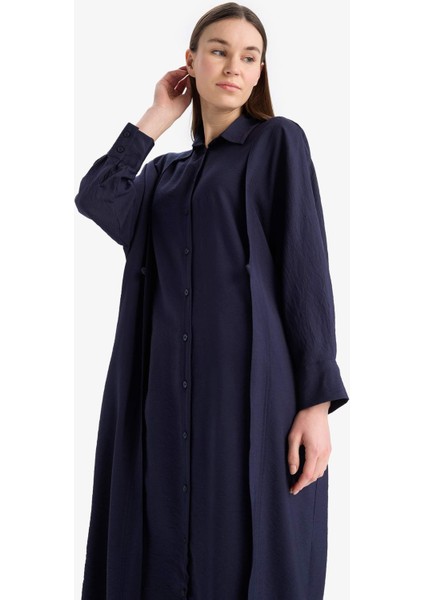 Relax Fit Gömlek Yaka Cepli Basic Düz Uzun Kollu Maxi Tesettür Elbise