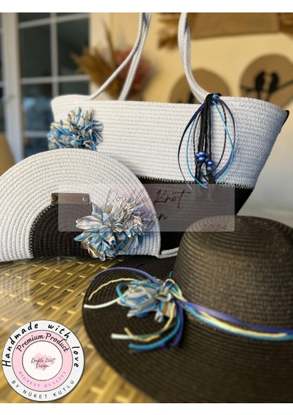 Vero 3lü Takım Plaj Çantası , El Çantası Clutch, Şapka, Totebag,çanta, Yazlık, Hediyelik,