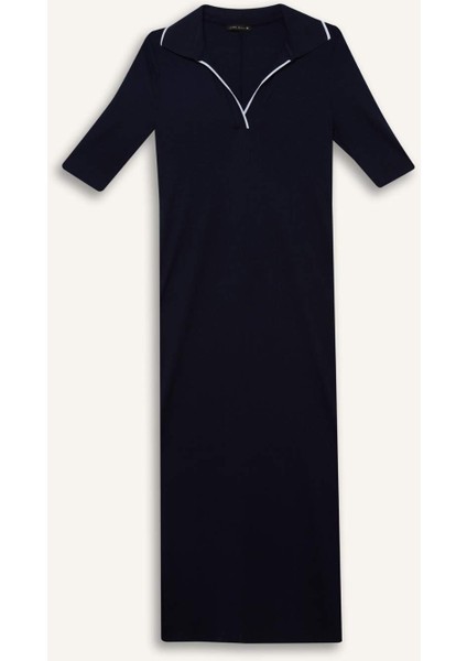 Bodycon Vücudu Saran Polo Yaka Fitilli Kaşkorse Kısa Kollu Midi Elbise E7140AX25SP