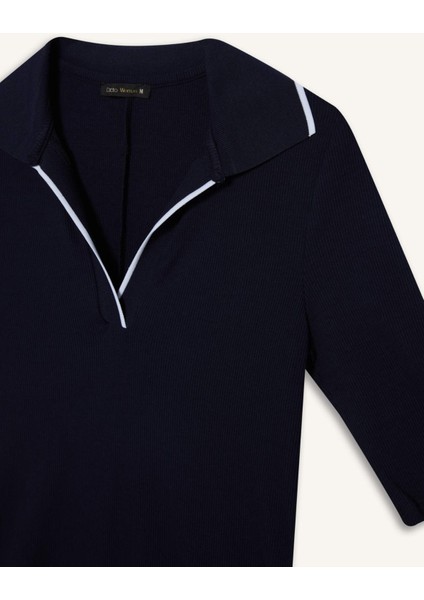 Bodycon Vücudu Saran Polo Yaka Fitilli Kaşkorse Kısa Kollu Midi Elbise E7140AX25SP