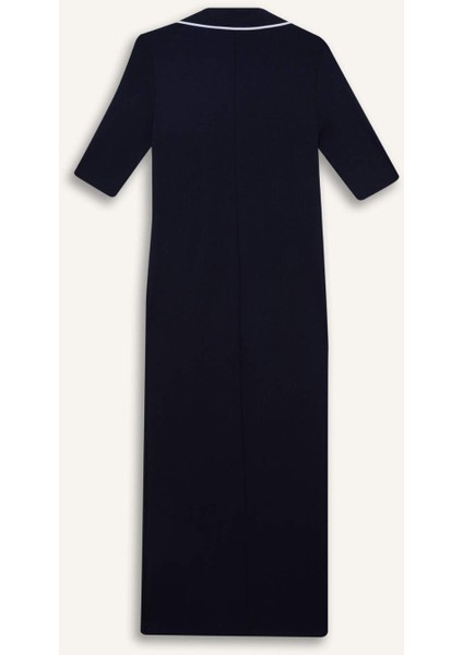 Bodycon Vücudu Saran Polo Yaka Fitilli Kaşkorse Kısa Kollu Midi Elbise E7140AX25SP