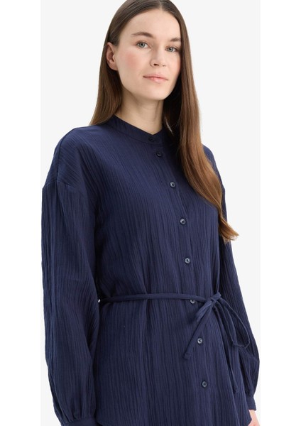 Relax Fit Basic Düz Bağcıklı Müslin Uzun Kollu Tesettür Gömlek Tunik E1107AX25SP