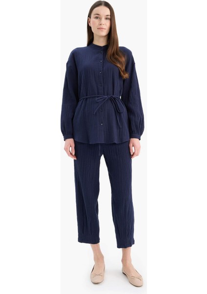 Relax Fit Basic Düz Bağcıklı Müslin Uzun Kollu Tesettür Gömlek Tunik E1107AX25SP