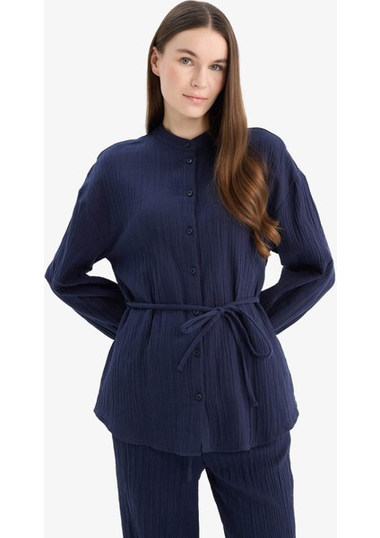 Relax Fit Basic Düz Bağcıklı Müslin Uzun Kollu Tesettür Gömlek Tunik E1107AX25SP