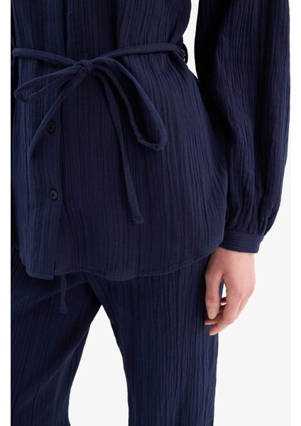 Relax Fit Basic Düz Bağcıklı Müslin Uzun Kollu Tesettür Gömlek Tunik E1107AX25SP