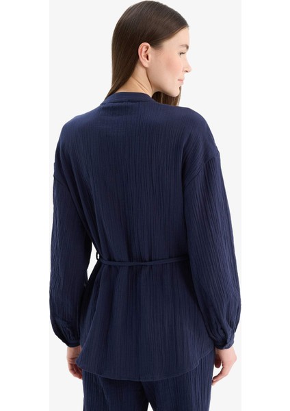 Relax Fit Basic Düz Bağcıklı Müslin Uzun Kollu Tesettür Gömlek Tunik E1107AX25SP