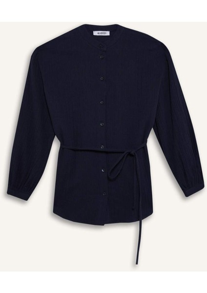 Relax Fit Basic Düz Bağcıklı Müslin Uzun Kollu Tesettür Gömlek Tunik E1107AX25SP