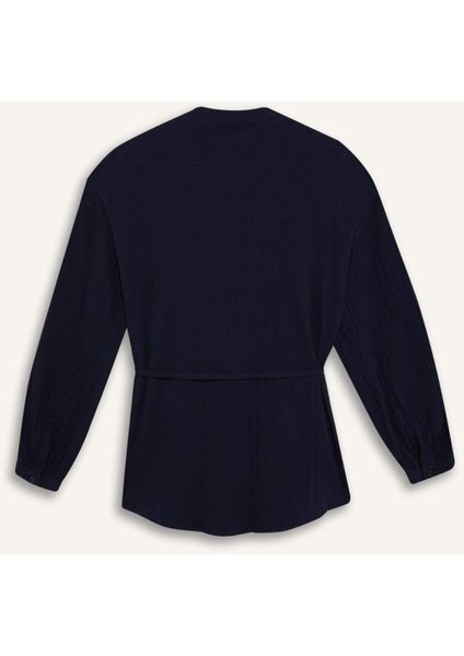 Relax Fit Basic Düz Bağcıklı Müslin Uzun Kollu Tesettür Gömlek Tunik E1107AX25SP