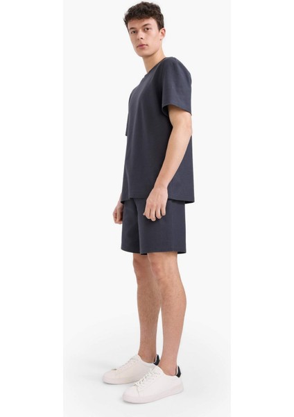 %100 Pamuk Relax Fit Twill Dokulu Cepli Şort