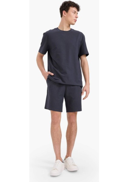 %100 Pamuk Relax Fit Twill Dokulu Cepli Şort