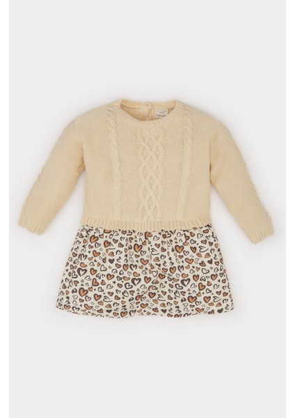Kız Bebek Uzun Kollu Eteği Desenli Triko Elbise