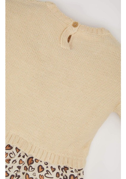 Kız Bebek Uzun Kollu Eteği Desenli Triko Elbise