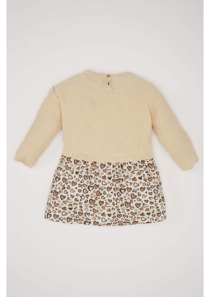 Kız Bebek Uzun Kollu Eteği Desenli Triko Elbise