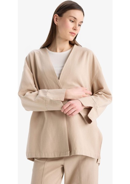 Relax Fit Basic Düz Düğmeli Keten Görünümlü Uzun Kollu Tesettür Hırka Tunik E5351AX25SP