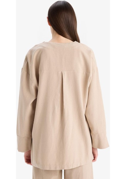 Relax Fit Basic Düz Düğmeli Keten Görünümlü Uzun Kollu Tesettür Hırka Tunik E5351AX25SP