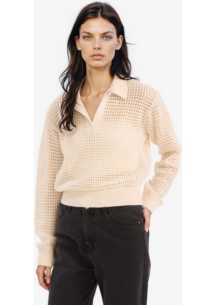 Relax Fit Polo Yaka Basic Düz Ajur Triko Kazak E7025AX25SM