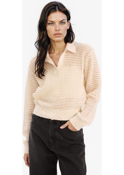 Relax Fit Polo Yaka Basic Düz Ajur Triko Kazak E7025AX25SM