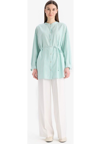 Relax Fit Çizgili Uzun Kollu Bağcıklı Tesettür Gömlek Tunik