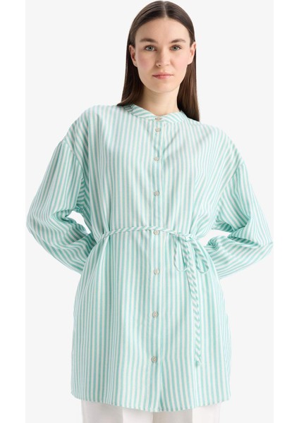 Relax Fit Çizgili Uzun Kollu Bağcıklı Tesettür Gömlek Tunik