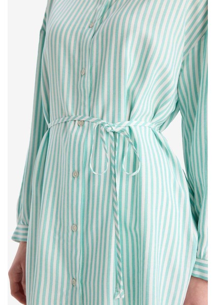 Relax Fit Çizgili Uzun Kollu Bağcıklı Tesettür Gömlek Tunik