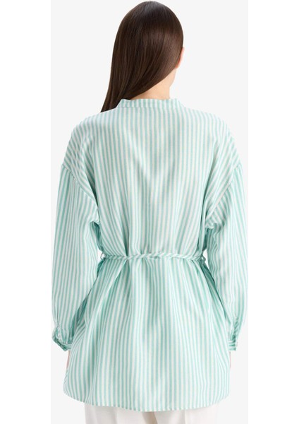 Relax Fit Çizgili Uzun Kollu Bağcıklı Tesettür Gömlek Tunik