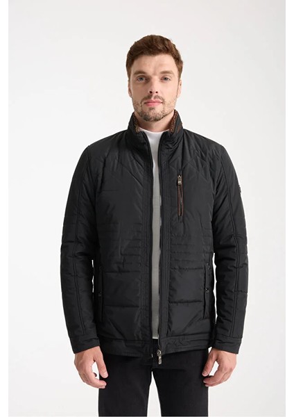 Erkek Siyah Dik Kürk Yaka Spor Mont modelleri