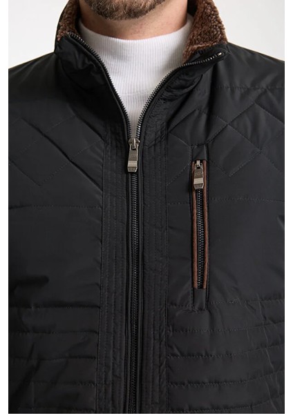 Erkek Siyah Dik Kürk Yaka Spor Mont