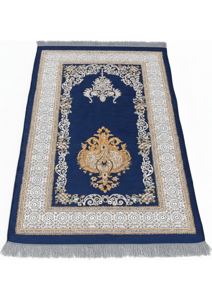 Kişiye Özel Nakış Işlemeli Çiçek Desenli Kendinden Saçaklı Lacivert Renk Hediyelik Seccade