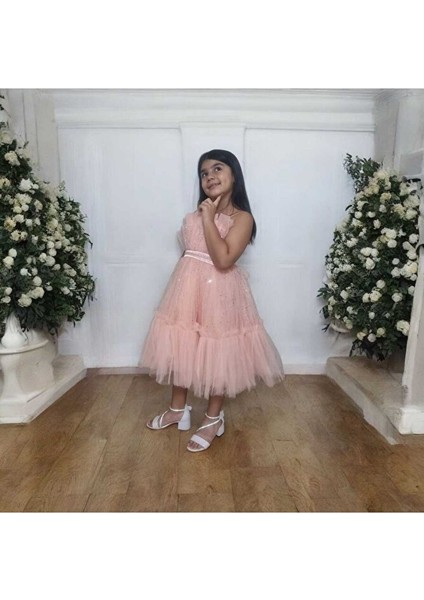 Tüllü Pul Işlemeli Kısa Kız Çocuk Abiye Elbise 5-10 Yaş