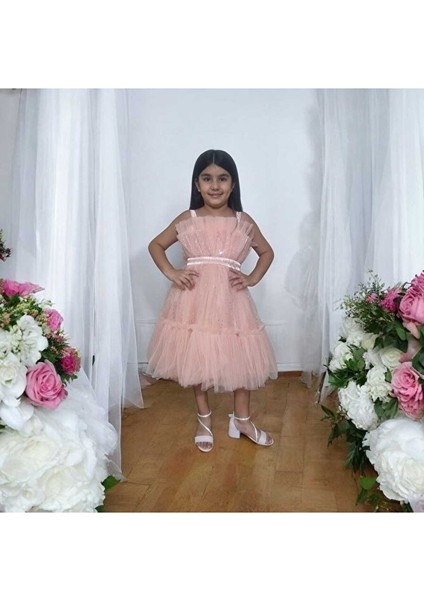 Tüllü Pul Işlemeli Kısa Kız Çocuk Abiye Elbise 5-10 Yaş fiyatları
