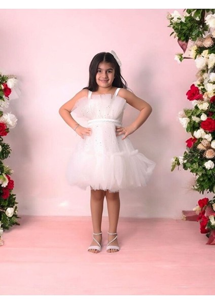 Tüllü Pul Işlemeli Kısa Kız Çocuk Abiye Elbise 5-10 Yaş